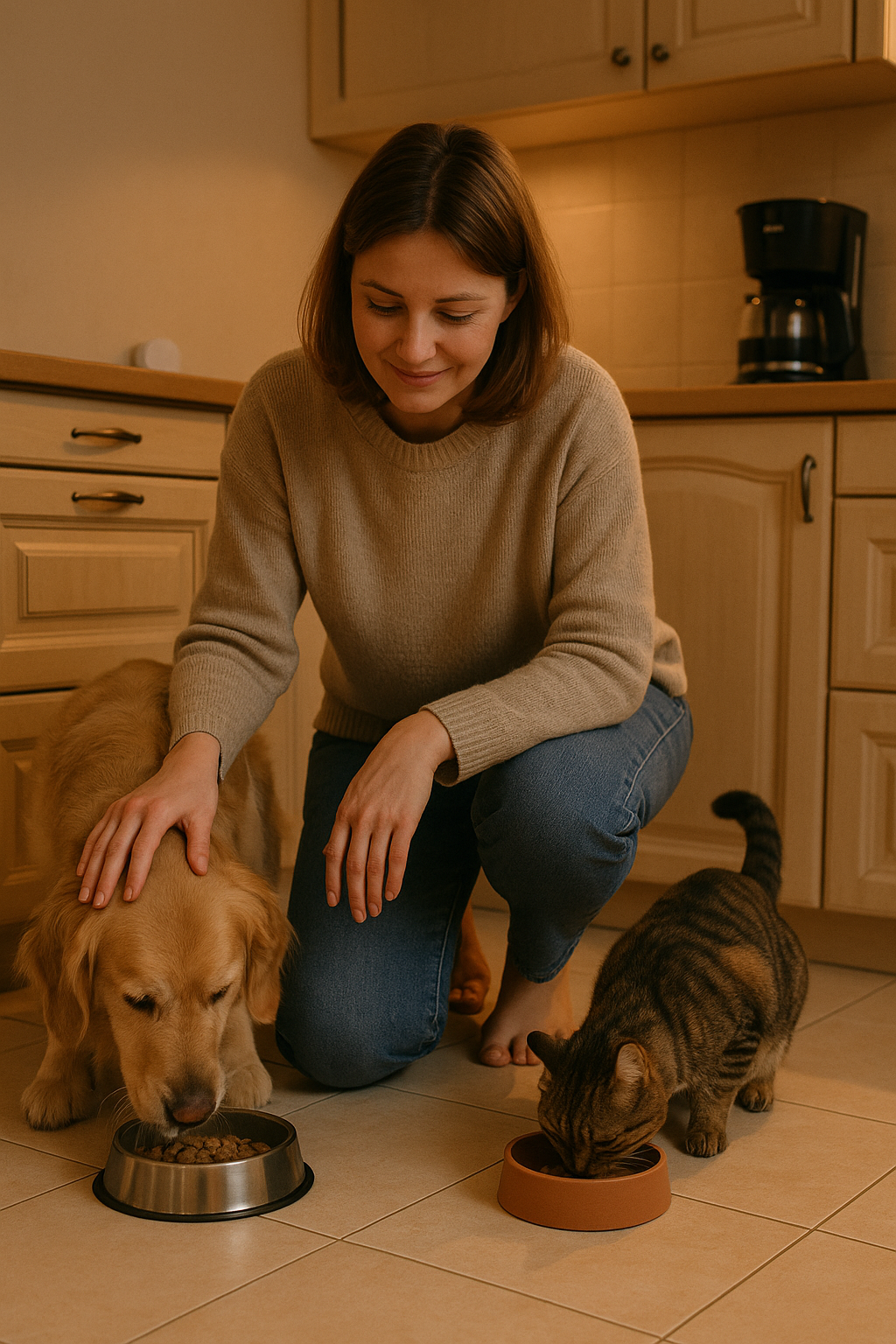 Happy cat and dog eating together